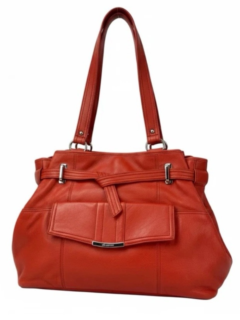 B. Makowsky Handbag Red Pebbled Leather Shoulder Bag Bucket Hobo Purse Pockets